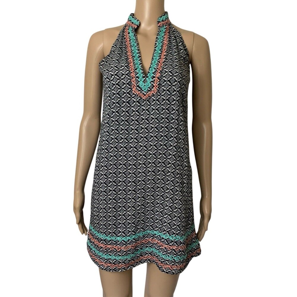 THML Women’s Halter Mini Dress Size XS Sleeveless V Neck Geo Print Embroidered